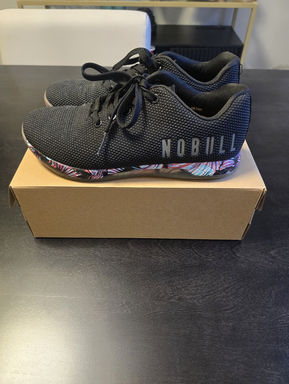 NOBULL Black Knit Trainer with Pink Floral-Patterned Midsole